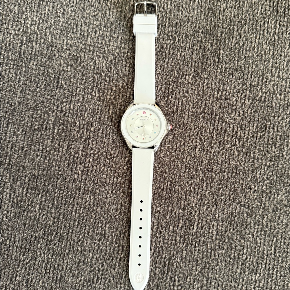Michele MW White Silicone Strap Watch with Multicolor Crystal Markers